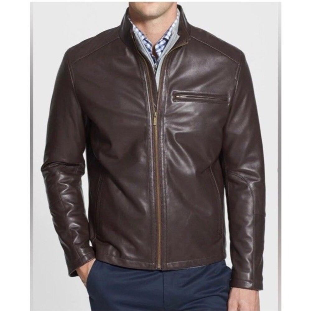 Cole Haan Mens XL Jacket Stand Collar Lambskin Leather Moto Heritage St Brown